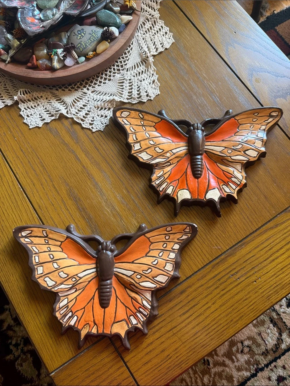 Set of Two Vintage Hand-Painted Butterfly Wall Plaques
